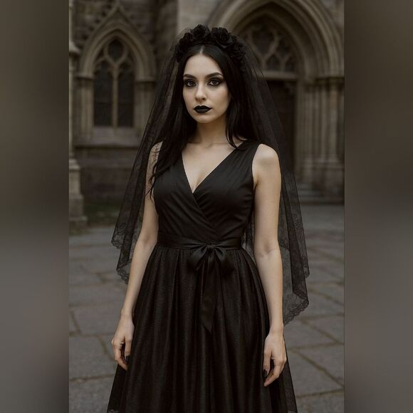Jones Studio Dresses & Skirts - Black Sleeveless Pleated Fit & Flare Dress 14 Bow Vneck Lined Whimsygoth Witchco